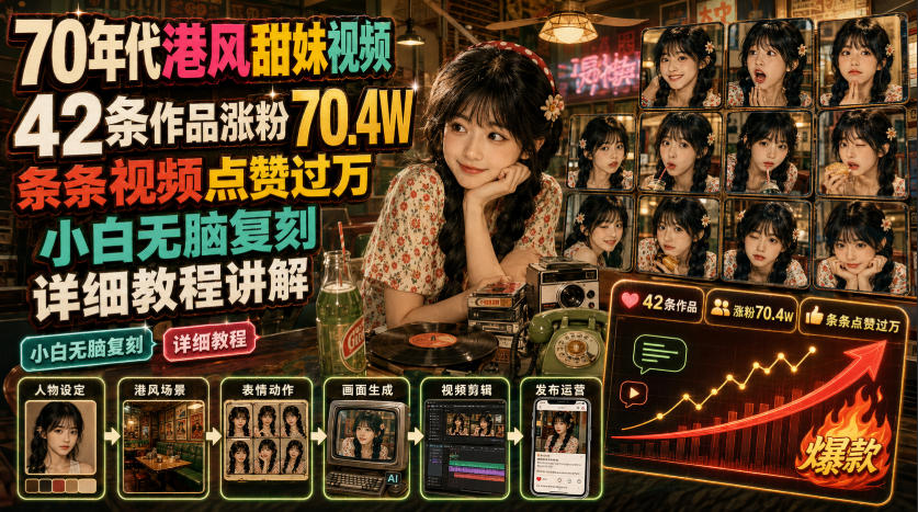 70年代港风甜妹视频,42条作品涨粉70.4W,条条视频点赞过万,小白无脑复刻,详细教程讲解 70年代港风甜妹视频,42条作品涨粉70.4W,条条视频点赞过万,小白无脑复刻,详细教程讲解