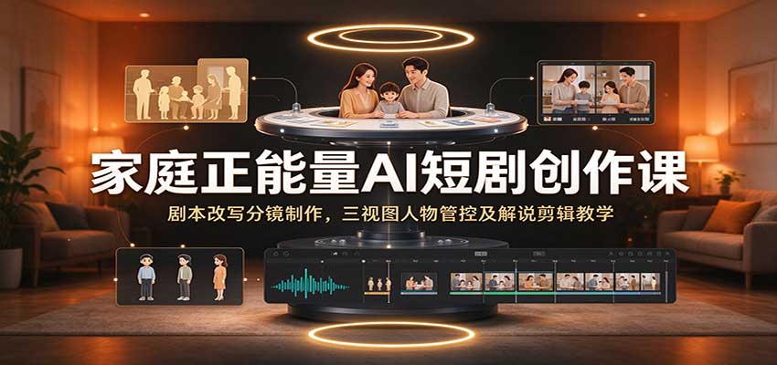 家庭正能量AI短剧创作课：剧本改写分镜制作，三视图人物管控及解说剪辑教学-卓越网创