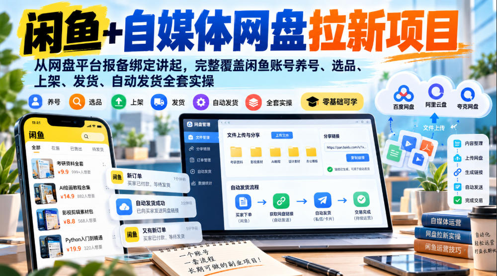 闲鱼+自媒体网盘拉新项目,从网盘平台报备绑定讲起,完整覆盖闲鱼账号养号、选品、上架、发货、自动发货全套实操 闲鱼+自媒体网盘拉新项目,从网盘平台报备绑定讲起,完整覆盖闲鱼账号养号、选品、上架、发货、自动发货全套实操