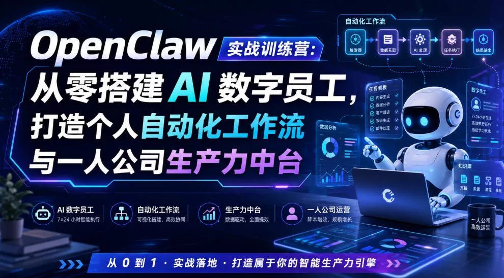 OpenClaw实战训练营:从零搭建AI数字员工,打造个人自动化工作流与一人公司生产力中台 OpenClaw实战训练营:从零搭建AI数字员工,打造个人自动化工作流与一人公司生产力中台