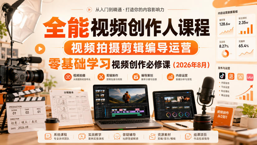 全能视频创作人课程,视频拍摄剪辑编导运营,零基础学习视频创作必修课(2026年8月) 全能视频创作人课程,视频拍摄剪辑编导运营,零基础学习视频创作必修课(2026年8月)