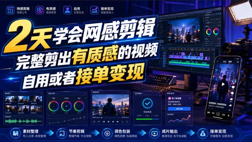 2天学会网感剪辑,完整剪出有质感的视频,自用或者接单变现-卓越网创
