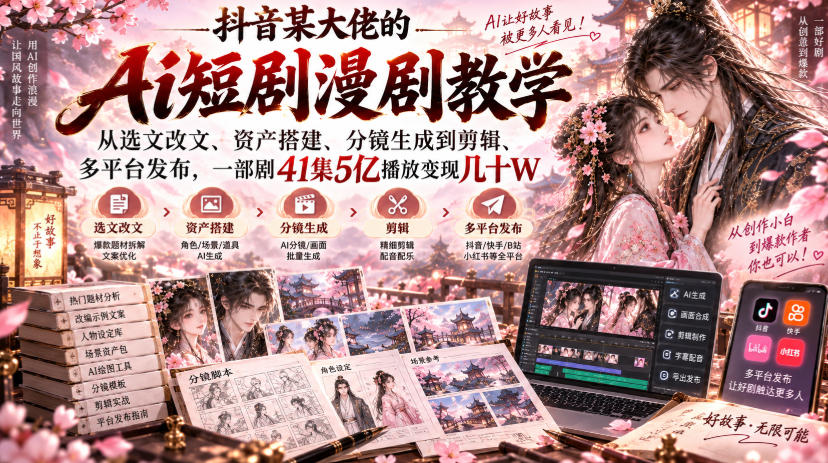 抖音某大佬的Ai短剧漫剧教学，从选文改文、资产搭建、分镜生成到剪辑、多平台发布，一部剧41集5亿播放变现几十W-卓越网创