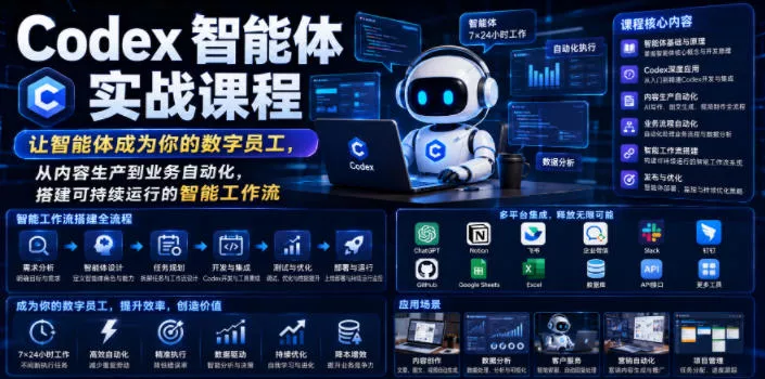 Codex智能体实战课程,让智能体成为你的数字员工,从内容生产到业务自动化,搭建可持续运行的智能工作流 Codex智能体实战课程,让智能体成为你的数字员工,从内容生产到业务自动化,搭建可持续运行的智能工作流