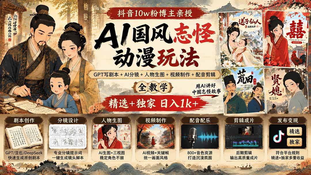 （20538期）抖音10w粉博主亲授AI国风志怪动漫玩法｜GPT写剧本+AI分镜+人物生图+视频制作+配音剪辑全教学｜精选+独家日入1k+-卓越网创