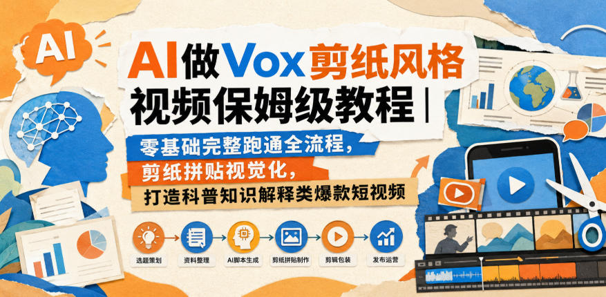 AI做Vox剪纸风格视频保姆级教程|零基础完整跑通全流程,剪纸拼贴视觉化,打造科普知识解释类爆款短视频-卓越网创