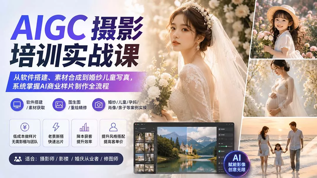 AIGC摄影培训实战课:从软件搭建、素材合成到婚纱儿童写真,系统掌握AI商业样片制作全流程 AIGC摄影培训实战课:从软件搭建、素材合成到婚纱儿童写真,系统掌握AI商业样片制作全流程