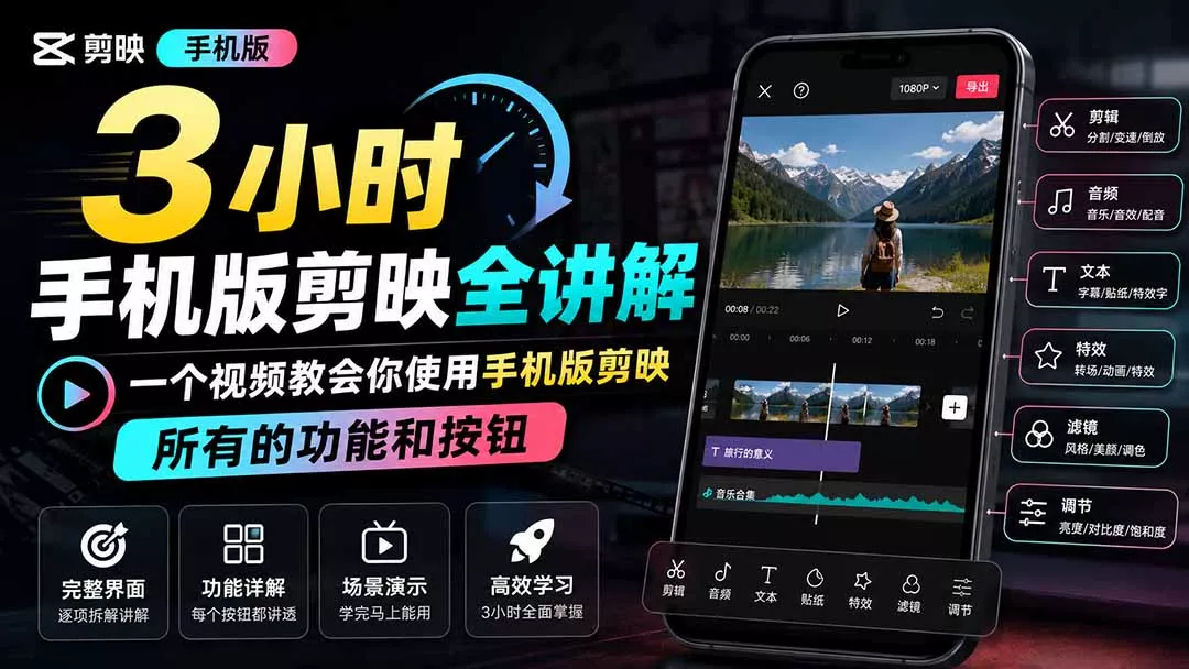 3小时手机版剪映全讲解,一个视频教会你使用手机版剪映,所有的功能和按钮-卓越网创