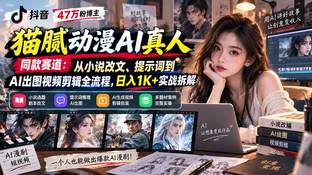 抖音47万粉博主猫腻动漫AI真人同款赛道：从小说改文、提示词到AI出图视频剪辑全流程，日入1K+实战拆解-卓越网创