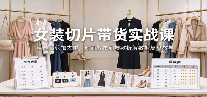女装切片带货实战课：从选品剪辑去重，封面发布到爆款拆解数据复盘教学-卓越网创