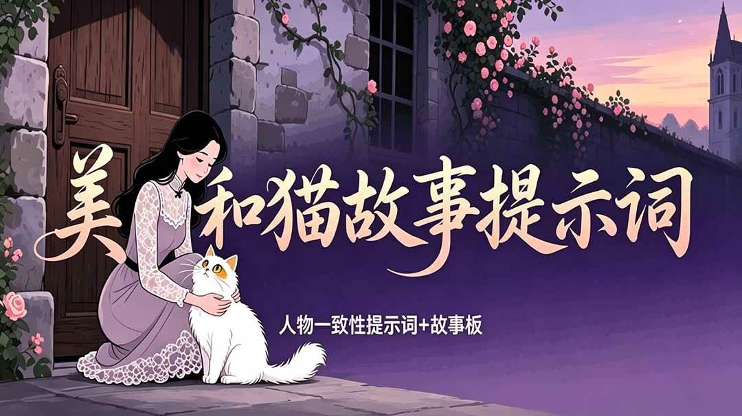 （18909期）美女和猫故事提示词，人物一致性提示词+故事板-卓越网创