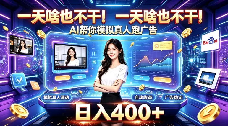 一天啥也不干！AI帮你模拟真人跑广告，稳定日入400+，实现真正被动变现【揭秘】-卓越网创