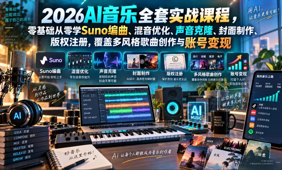 2026AI音乐实战课程,零基础从零学Suno编曲、混音优化、声音克隆、版权注册,覆盖多风格歌曲创作与账号变现(更新0924) 2026AI音乐实战课程,零基础从零学Suno编曲、混音优化、声音克隆、版权注册,覆盖多风格歌曲创作与账号变现(更新0924)