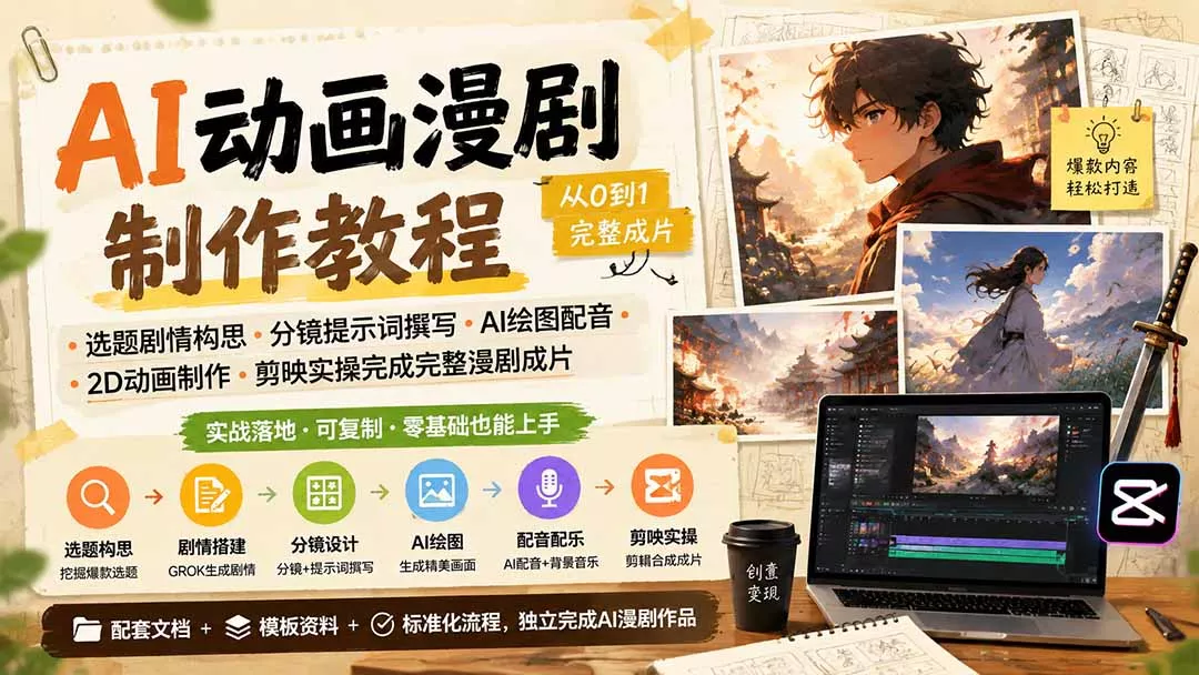 AI动画漫剧制作教程｜选题剧情构思·分镜提示词撰写·AI绘图配音·2D动画制作·剪映实操完成完整漫剧成片-卓越网创
