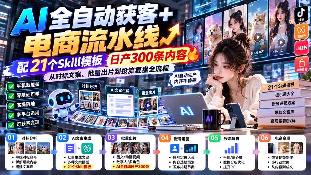 【无水印】AI全自动获客+电商流水线：配21个Skill模板，日产300条内容，从对标文案、批量出片到投流复盘全流程-卓越网创