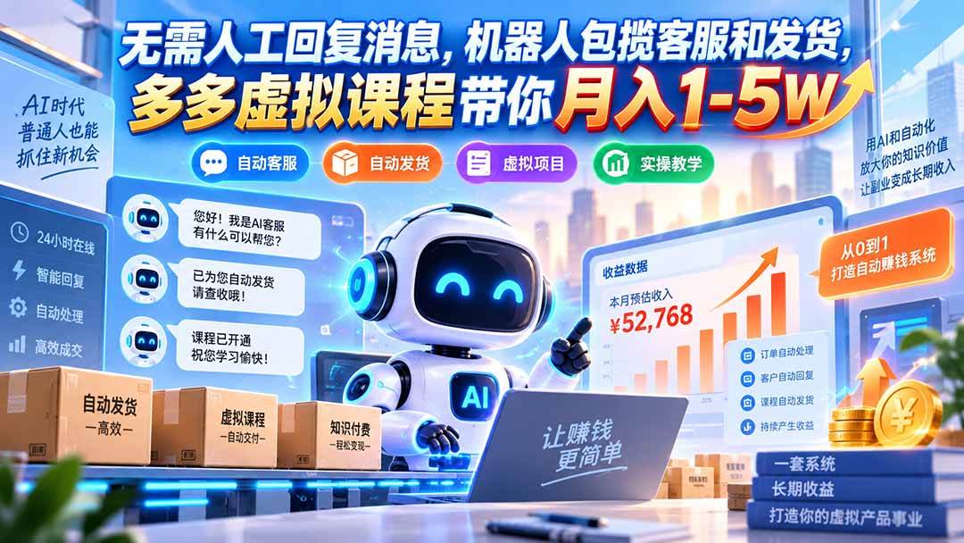 （20615期）无需人工回复消息，机器人包揽客服和发货，多多虚拟课程带你月入1-5W-卓越网创