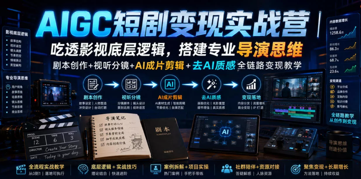 AIGC短剧变现实战营|吃透影视底层逻辑,搭建专业导演思维,剧本创作+视听分镜+AI成片剪辑+去AI质感全链路变现教学-卓越网创