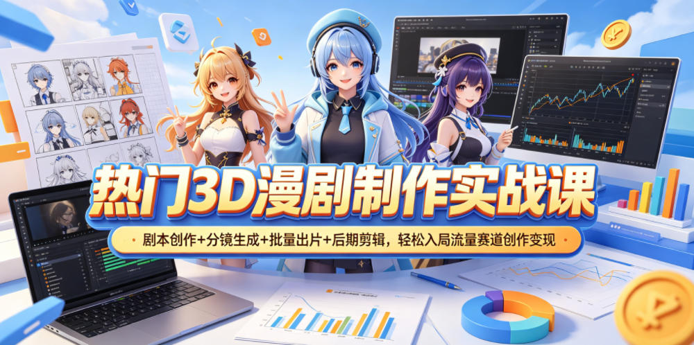 热门3D漫剧制作实战课，剧本创作+分镜生成+批量出片+后期剪辑，轻松入局流量赛道创作变现-卓越网创