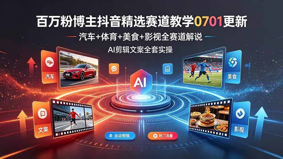 百万粉博主抖音精选赛道教学-0701更新，汽车+体育+美食+影视全赛道解说，AI剪辑文案全套实操-卓越网创