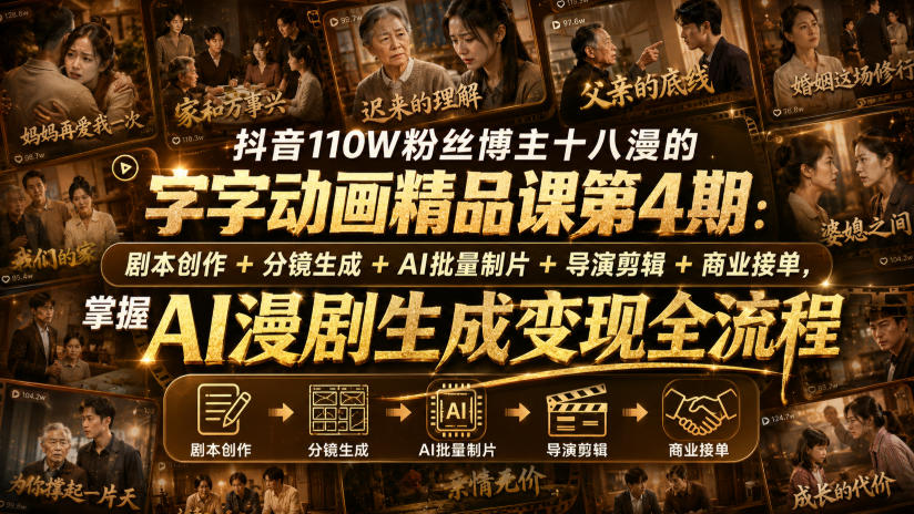 抖音110W粉丝博主十八漫的字字动画精品课第4期:剧本创作+分镜生成+剪辑+商业接单,掌握AI漫剧生成变现全流程(更新0916)-卓越网创