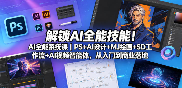 解锁AI全能技能!AI全能系统课|PS+AI设计+MJ绘画+SD工作流+AI视频智能体,从入门到商业落地 解锁AI全能技能!AI全能系统课|PS+AI设计+MJ绘画+SD工作流+AI视频智能体,从入门到商业落地