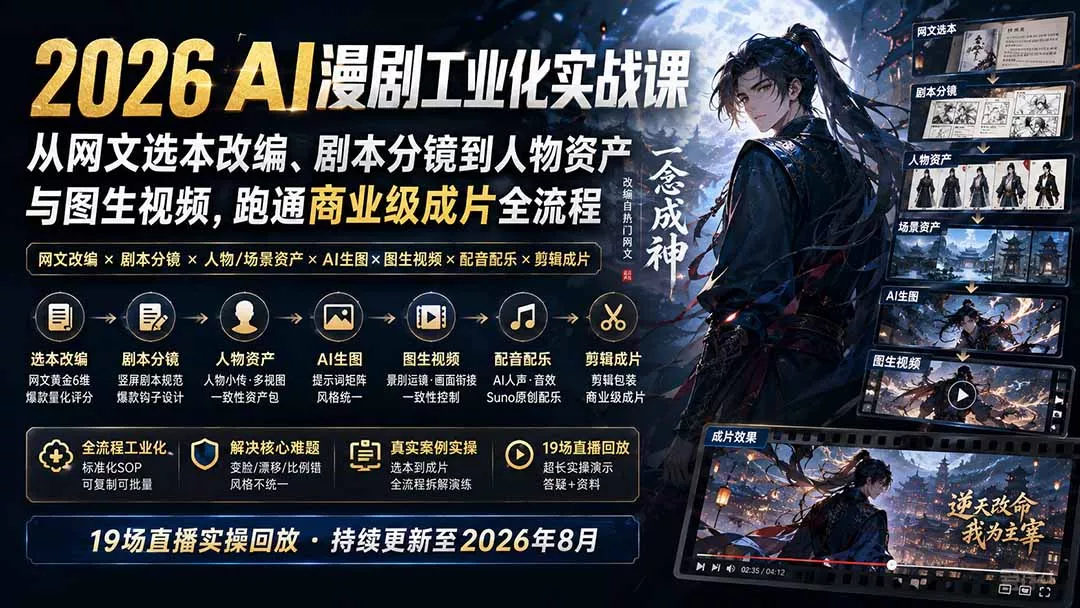 2026 AI漫剧工业化实战课-更新:从网文选本改编、剧本分镜到人物资产与图生视频,跑通商业级成片全流程 2026 AI漫剧工业化实战课-更新:从网文选本改编、剧本分镜到人物资产与图生视频,跑通商业级成片全流程