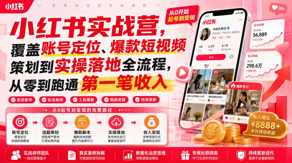 小红书实战营,覆盖账号定位、爆款短视频策划到实操落地全流程,从零到跑通第一笔收入 小红书实战营,覆盖账号定位、爆款短视频策划到实操落地全流程,从零到跑通第一笔收入