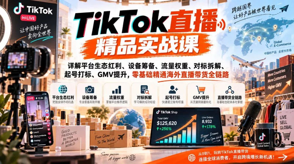 TikTok直播精品实战课，详解平台生态红利、设备筹备、流量权重、对标拆解、起号打标、GMV提升，零基础精通海外直播带货全链路-卓越网创