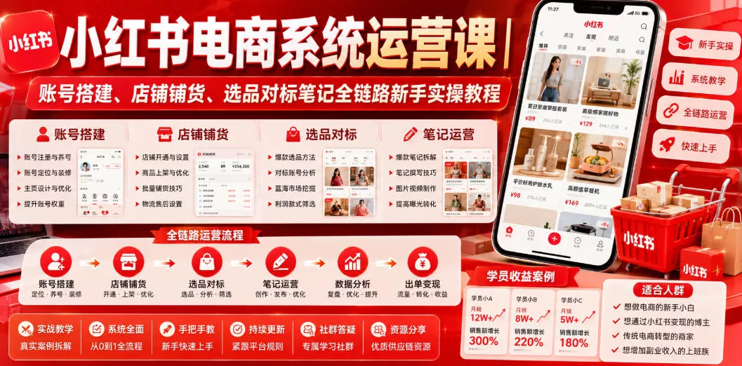 小红书电商系统运营课|账号搭建、店铺铺货、选品对标笔记全链路新手实操教程 小红书电商系统运营课|账号搭建、店铺铺货、选品对标笔记全链路新手实操教程