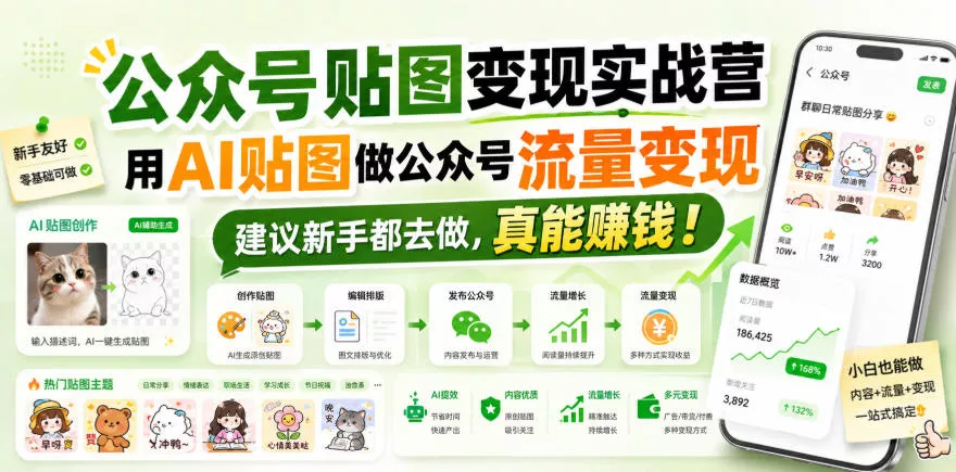 公众号贴图变现实战营,用AI贴图做公众号流量变现,建议新手都去做,真能賺钱!-卓越网创
