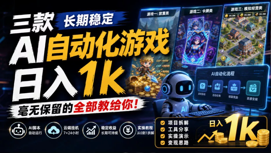 三款长期稳定AI自动化游戏,日入1k,毫无保留的全部教给你!【揭秘】 三款长期稳定AI自动化游戏,日入1k,毫无保留的全部教给你!【揭秘】