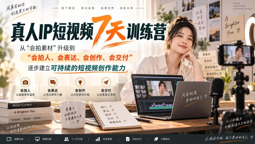 真人IP短视频7天训练营，从“会拍素材”升级到“会拍人、会表达、会创作、会交付”，逐步建立可持续的短视频创作能力-卓越网创