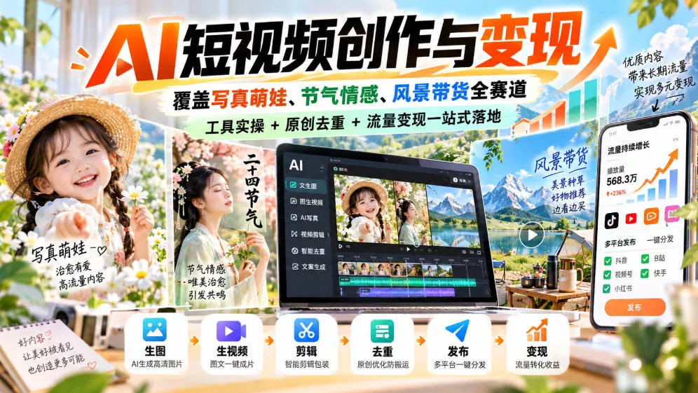 AI短视频创作与变现，覆盖写真萌娃、节气情感、风景带货全赛道，工具实操+原创去重+流量变现一站式落地-卓越网创