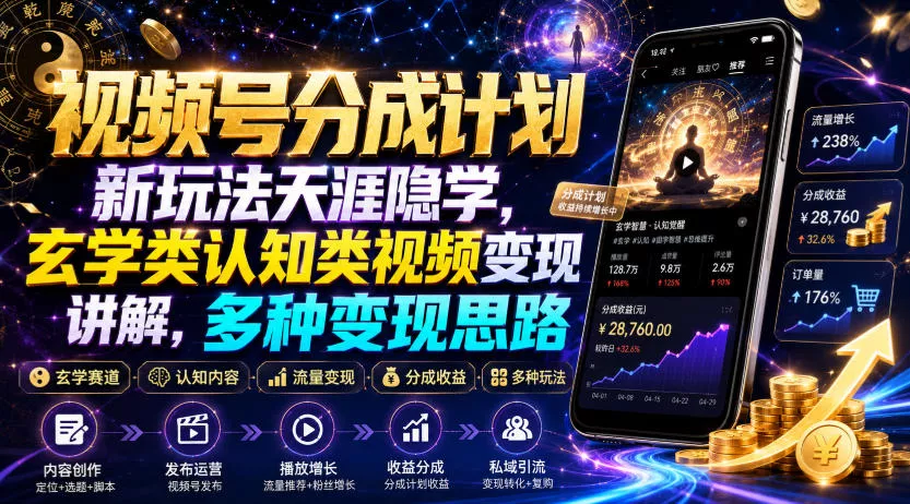 视频号分成计划新玩法天涯隐学，玄学类认知类视频变现讲解，多种变现思路-卓越网创