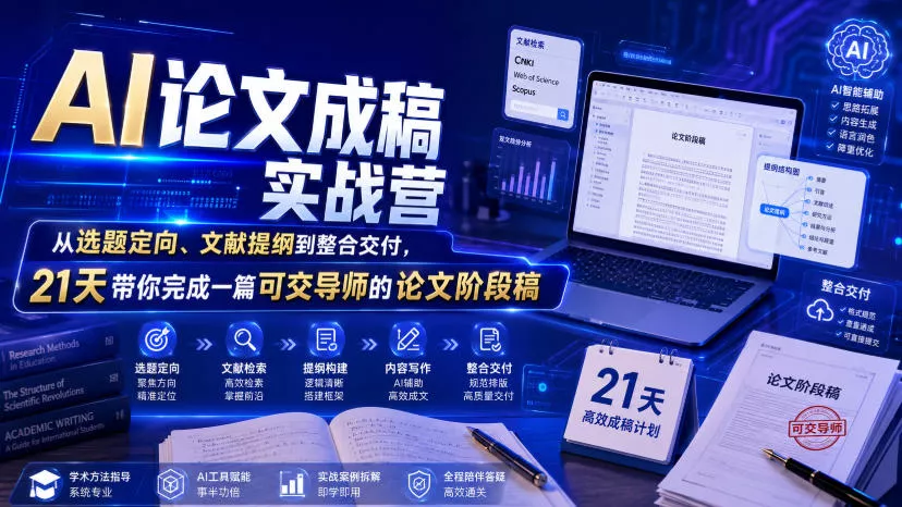 AI论文成稿实战营，从选题定向、文献提纲到整合交付，21天带你完成一篇可交导师的论文阶段稿-卓越网创