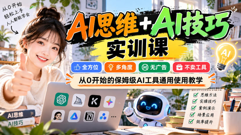 AI思维+AI技巧实训课，全方位、多角度、无广告、不卖工具，从0开始的保姆级AI工具通用使用教学-卓越网创