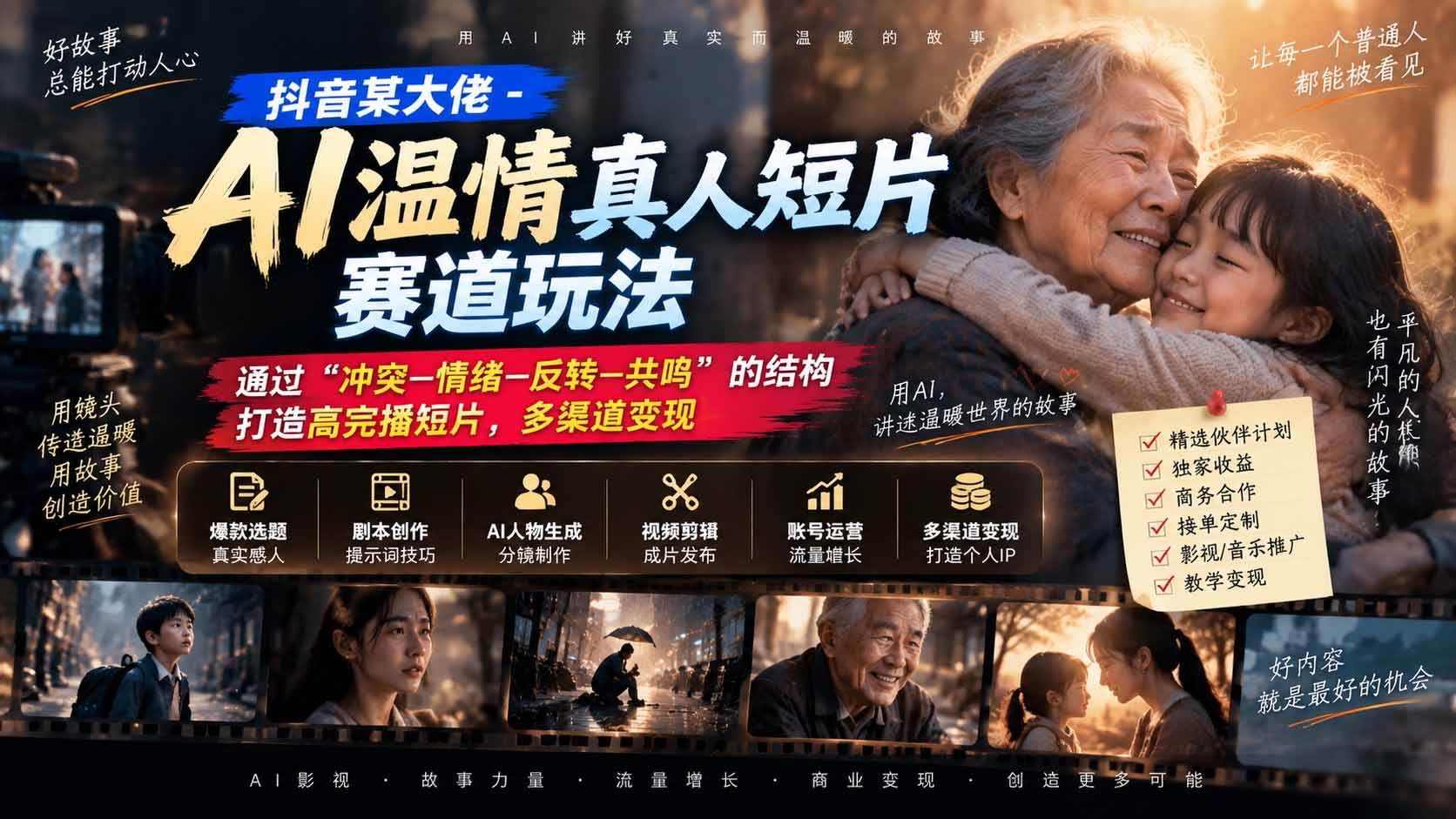 （20538期）抖音某大佬-AI温情真人短片赛道玩法：通过“冲突—情绪—反转—共鸣”的结构打造高完播短片，多渠道变现-卓越网创