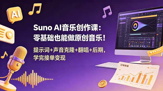 （18945期） Suno AI音乐创作课：零基础也能做原创音乐！提示词+声音克隆+翻唱+后期，学完接单变现-卓越网创