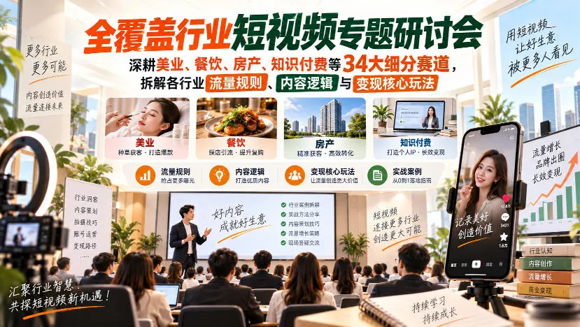 短视频专题研讨会,深耕美业、餐饮、房产、知识付费等34大细分赛道,拆解各行业流量规则、内容逻辑与变现核心玩法(更新1011) 短视频专题研讨会,深耕美业、餐饮、房产、知识付费等34大细分赛道,拆解各行业流量规则、内容逻辑与变现核心玩法(更新1011)