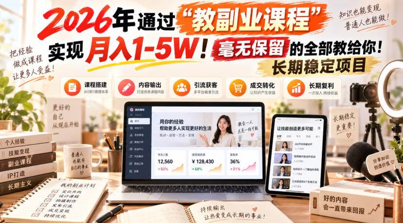 （20468期）2026年通过“教副业课程”实现月入1-5W！毫无保留的全部教给你！长期稳定项目-卓越网创