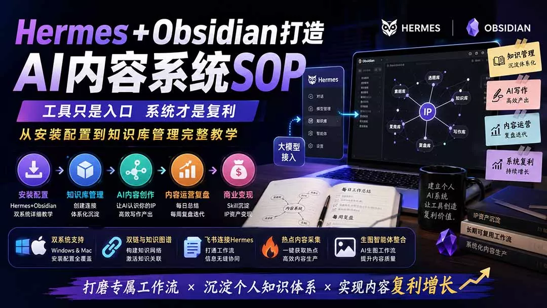 Hermes+Obsidian打造AI内容系统SOP;工具只是入口系统才是复利,从安装配置到知识库管理完整教学 Hermes+Obsidian打造AI内容系统SOP;工具只是入口系统才是复利,从安装配置到知识库管理完整教学