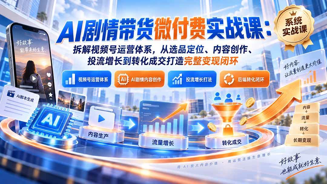 (20611期)AI剧情带货微付费实战课:拆解视频号运营体系,从选品定位、内容创作、投流增长到转化成交打造完整变现闭环 (20611期)AI剧情带货微付费实战课:拆解视频号运营体系,从选品定位、内容创作、投流增长到转化成交打造完整变现闭环