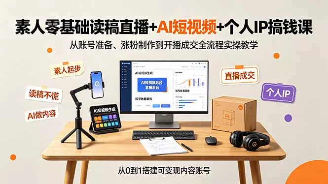 素人零基础读稿直播+AI短视频+个人IP搞钱课，从账号准备、涨粉制作到开播成交全流程实操教学-卓越网创