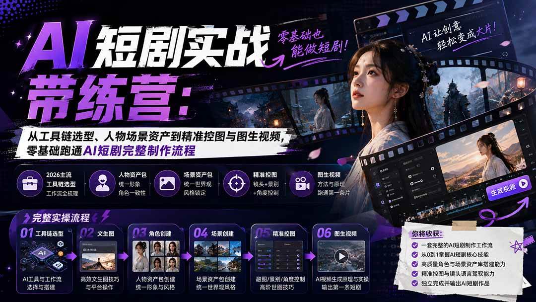 (20064期)AI短剧实战训练营:从工具链选型、人物场景资产到精准控图与图生视频,零基础跑通AI短剧完整制作流程 (20064期)AI短剧实战训练营:从工具链选型、人物场景资产到精准控图与图生视频,零基础跑通AI短剧完整制作流程