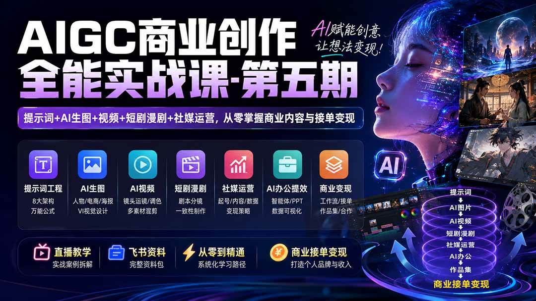 (19753期)AIGC商业创作全能实战课-第五期:提示词+AI生图+视频+短剧漫剧+社媒运营,从零掌握商业内容与接单变现-卓越网创