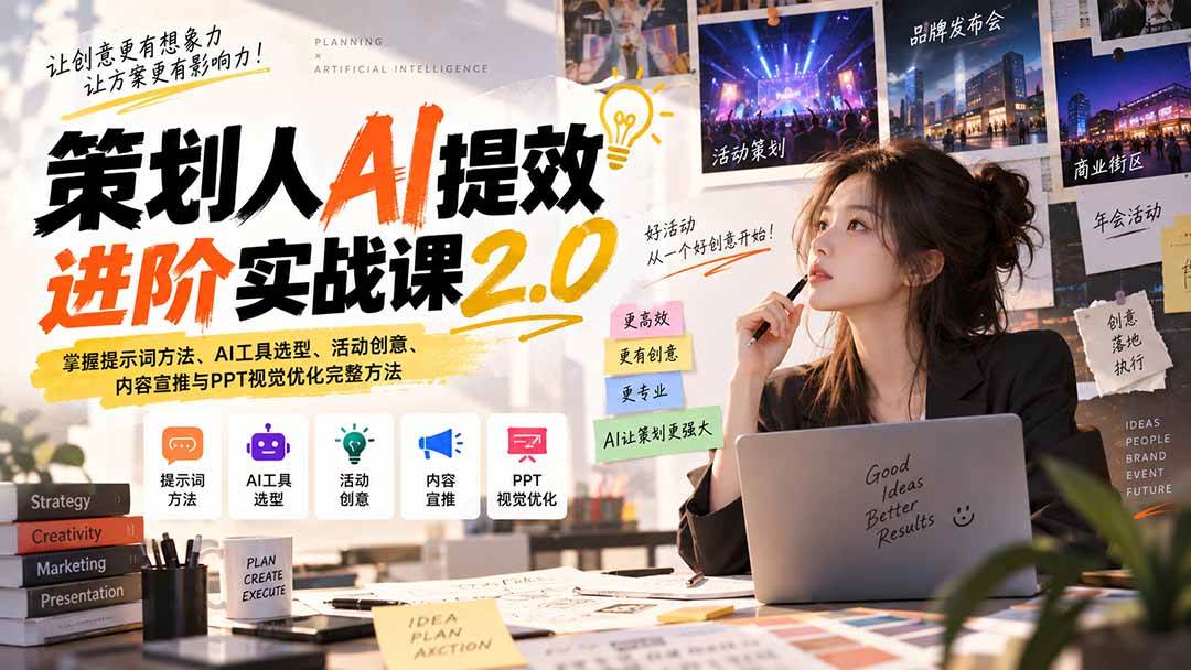 （20427期）策划人AI提效进阶实战课2.0：掌握提示词方法、AI工具选型、活动创意、内容宣推与PPT视觉优化完整方法-卓越网创