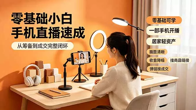 零基础小白手机直播速成，从筹备到成交完整闭环，适配苹果安卓系统，解决杂音卡顿留人难问题-卓越网创