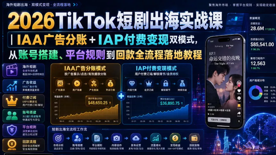 2026TikTok短剧出海实战课|IAA广告分账+IAP付费变现双模式,从账号搭建、平台规则到回款全流程落地教程-卓越网创