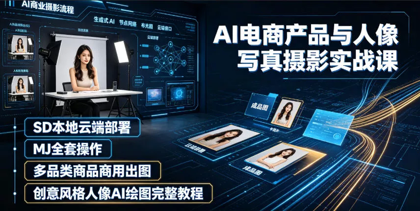 AI电商产品与人像写真摄影实战课|SD本地云端部署、MJ全套操作、多品类商品商用出图、创意风格人像AI绘图完整教程 AI电商产品与人像写真摄影实战课|SD本地云端部署、MJ全套操作、多品类商品商用出图、创意风格人像AI绘图完整教程