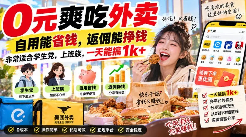 0元爽吃外卖,自用能省钱,返佣能挣钱,非常适合学生党,上班族,一天能搞1k+-卓越网创